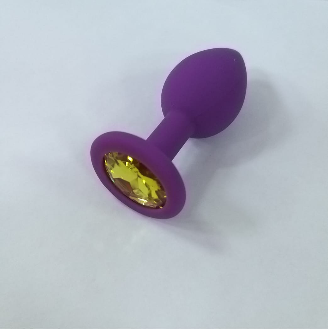 Анальная пробка фиолетовая, цвет кристалла желтый, силикон D35