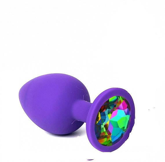 Анальная пробка фиолетовая, цвет кристалла разноцветный, силикон D35