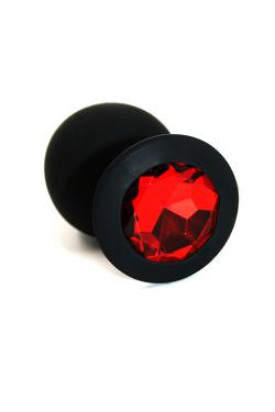 Анальная пробка черная, цвет кристалла красный, силикон D28