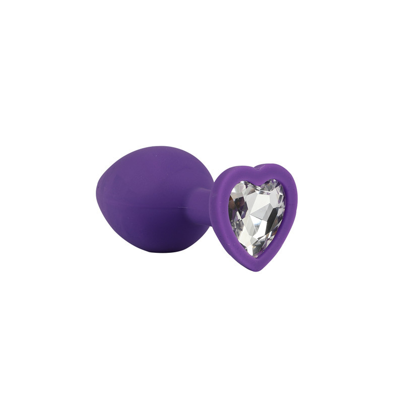 Анальная пробка фиолетовая силикон с прозрачным кристаллом сердце D35