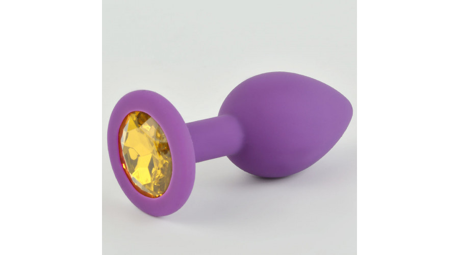 Анальная пробка фиолетовая, цвет кристалла желтый, силикон D28