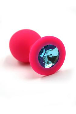 Анальная пробка розовая, цвет кристалла голубой, силикон Ø 35 мм