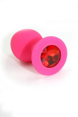 Анальная пробка розовая, цвет кристалла красный, силикон Ø 35 мм