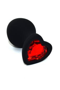 Анальная пробка черная силикон с красным кристаллом сердце D 35