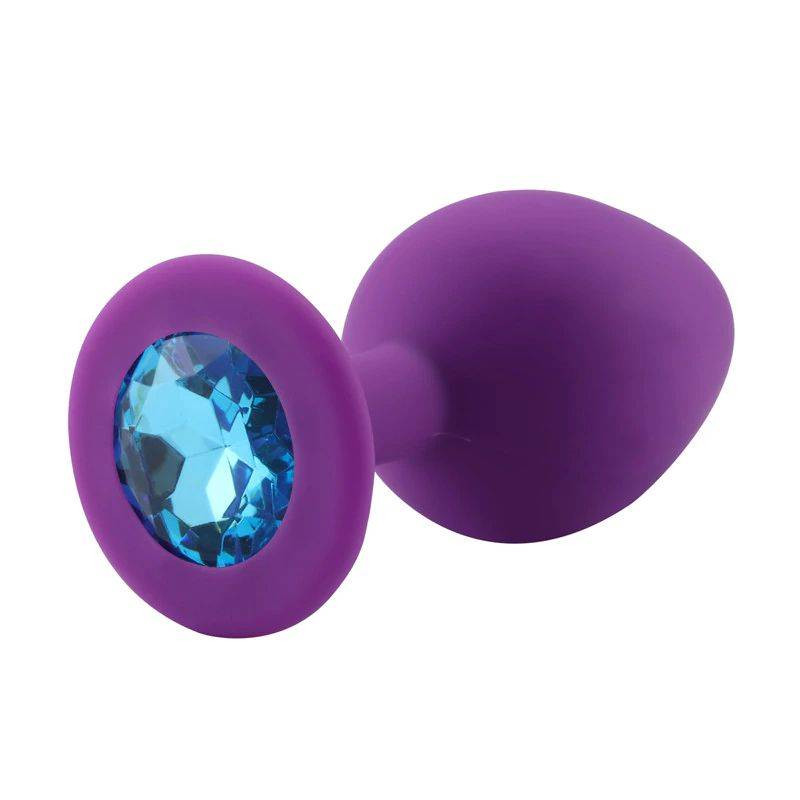 Анальная пробка фиолетовая, цвет кристалла голубой, силикон D28