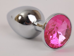 Анальная пробка серебро с розовым кристаллом Ø 28 мм