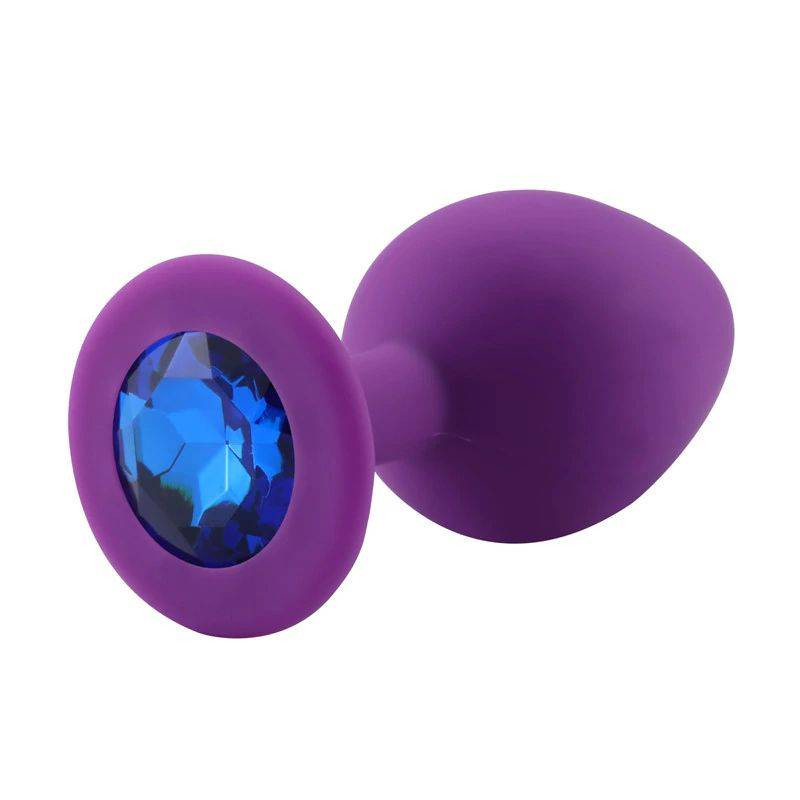 Анальная пробка фиолетовая, цвет кристалла синий, силикон D28