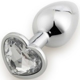 Анальная пробка сердце серебро с прозрачным кристаллом Ø 34 мм