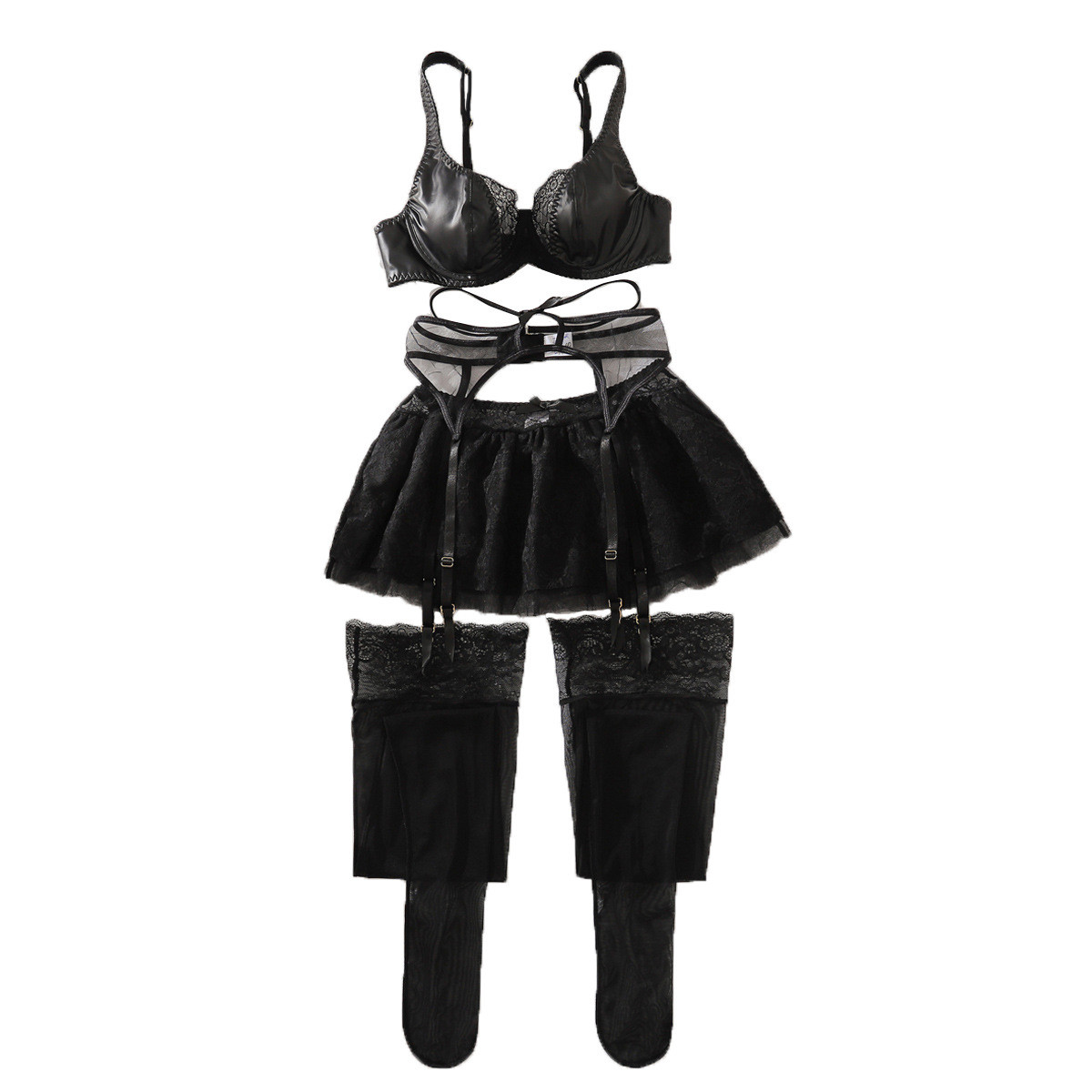 Комплект кожа/кружево 4 в 1 черный, M