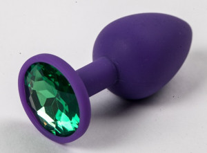 Анальная пробка фиолетовая, цвет кристалла зеленый, силикон D28