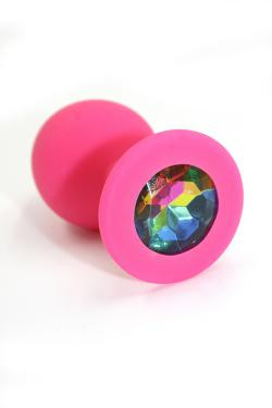 Анальная пробка розовая, цвет кристалла разноцветный, силикон Ø 35 мм