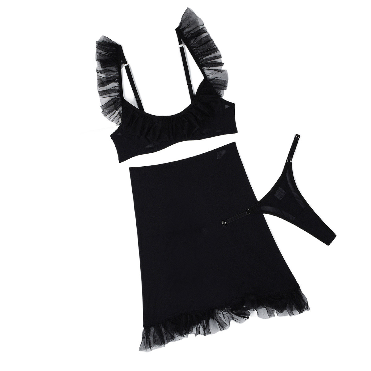 Комплект из сетки с рюшами, M черный