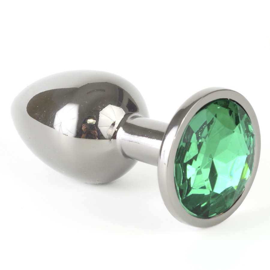 Анальная пробка серебро с зеленым кристаллом Ø 40 мм
