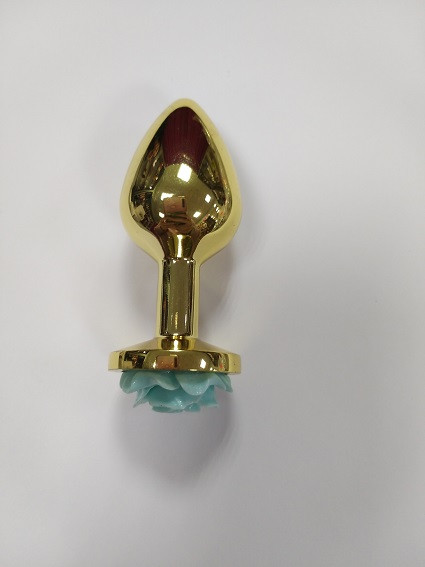 Анальная пробка золото с изящным бутоном розы голубой Ø 34 мм
