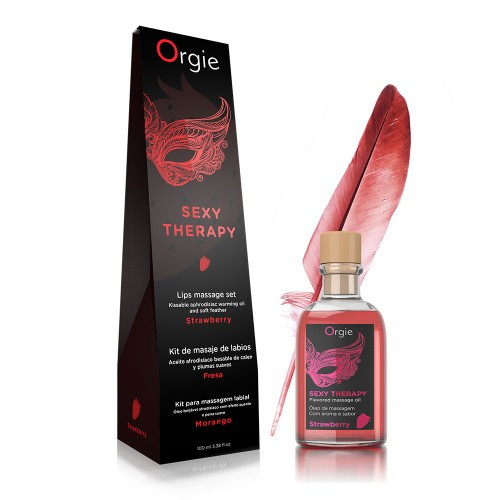 Комплект для игр Orgie Lips Massage со вкусом клубники (съедобное масло, перо) 100мл