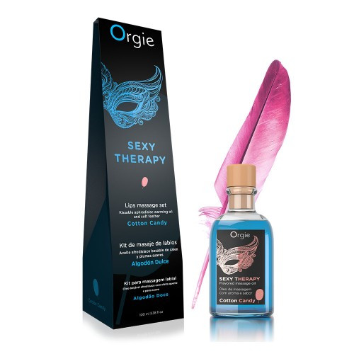 Комплект для игр Orgie Lips Massage со вкусом сахарной ваты (съедобное масло, перо) 100мл