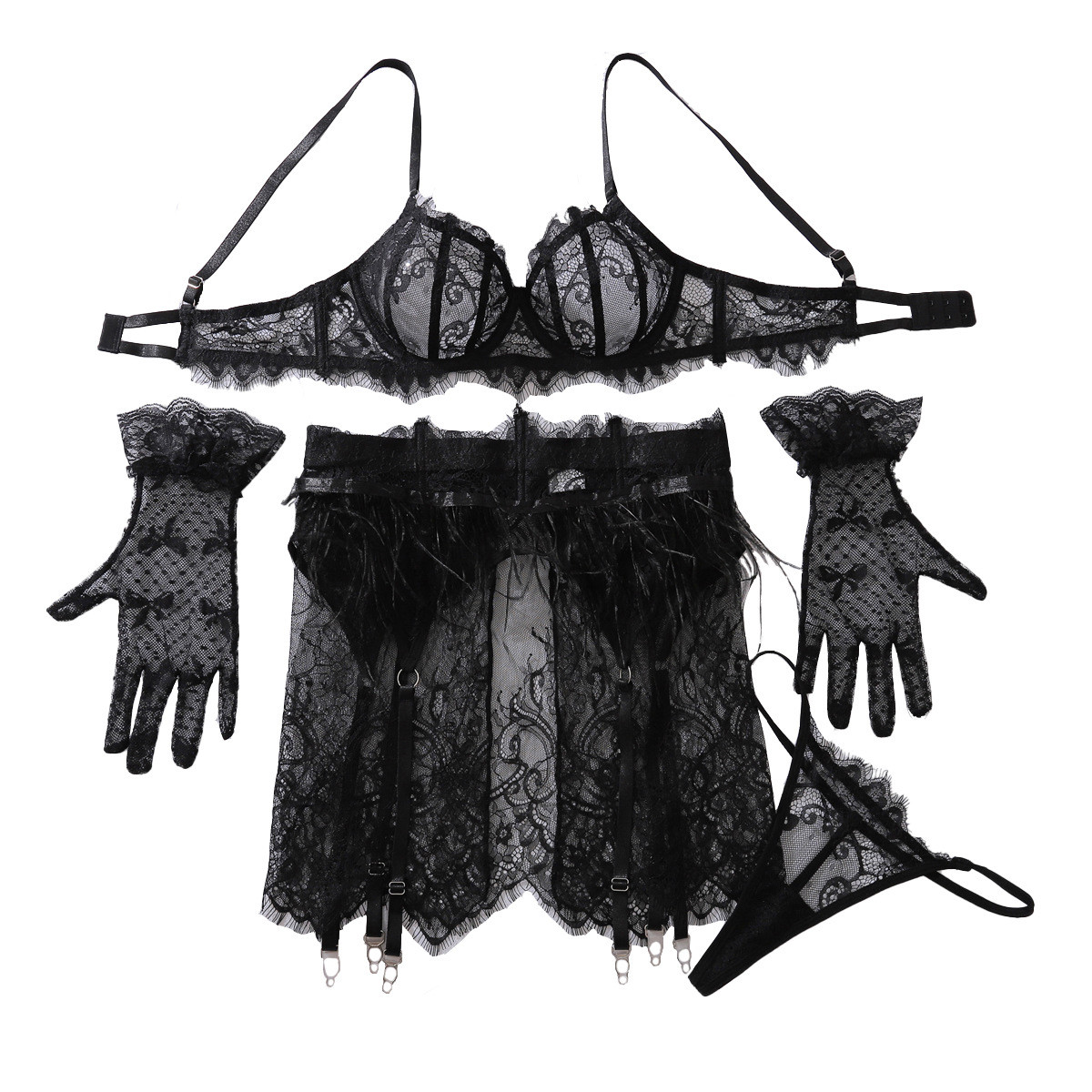 Комплект кружевной с перьями S, черный