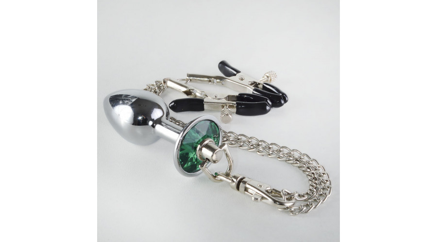 Анальная пробка серебро/зеленый кристалл и зажимами для груди