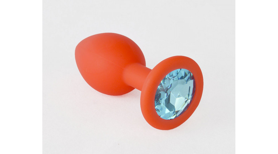 Анальная пробка красная, цвет кристалла голубой, силикон Ø28