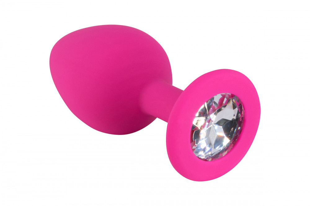 Анальная пробка розовая, цвет кристалла прозрачный, силикон Ø42
