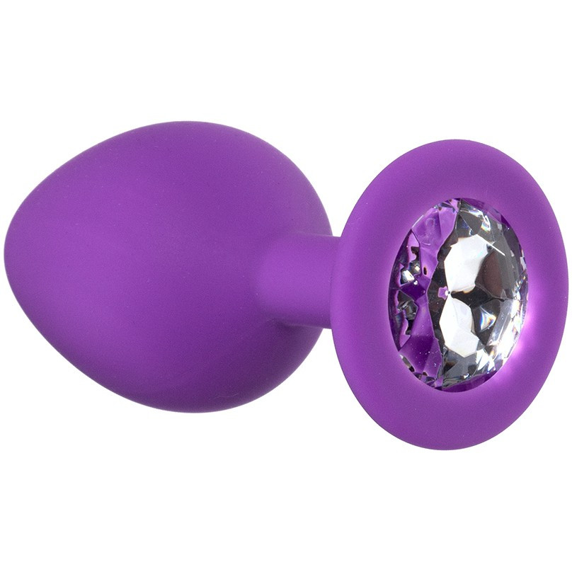 Анальная пробка фиолетовая, цвет кристалла розовый, силикон Ø42