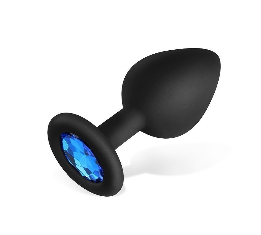 Анальная пробка черная, цвет кристалла синий, силикон Ø35