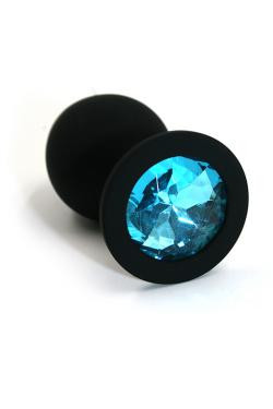 Анальная пробка черная, цвет кристалла голубой, силикон Ø 35 мм