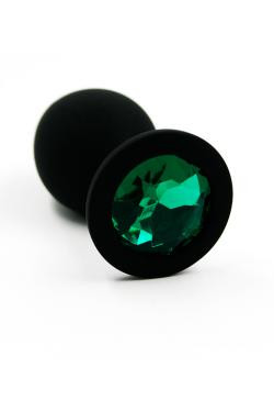 Анальная пробка черная, цвет кристалла зеленый, силикон Ø 28 мм