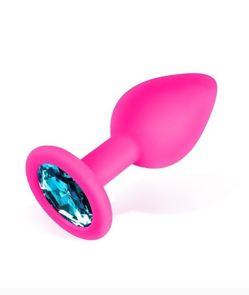 Анальная пробка розовая, цвет кристалла голубой, силикон Ø28 мм