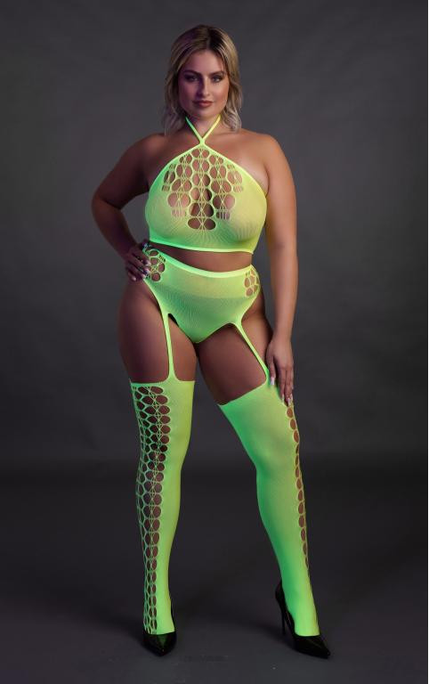 Комплект из трусиков с гартером и чулками, Green - XL/XXXXL 