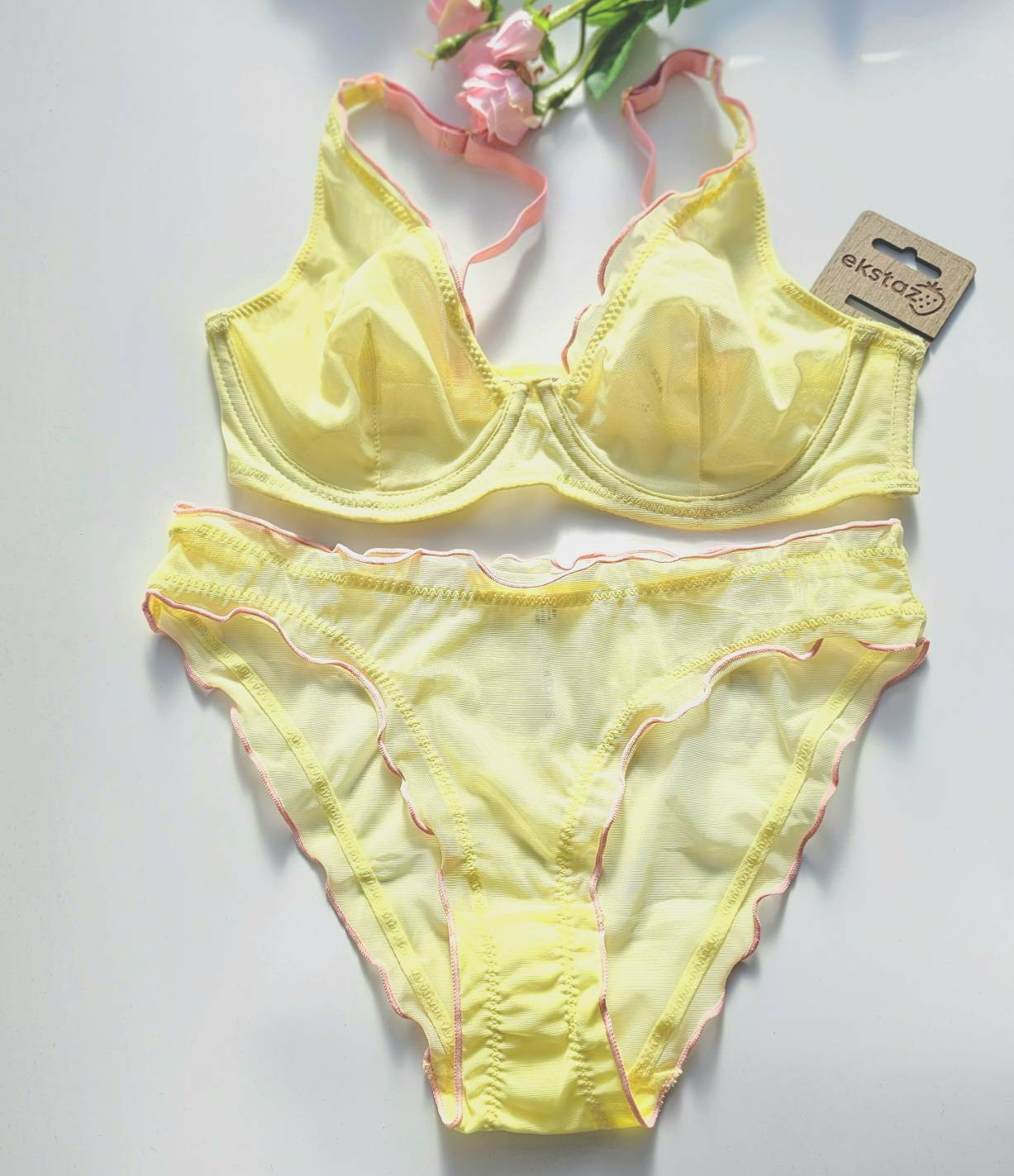 Комплект лиф и трусики S-M, желтый с розовым