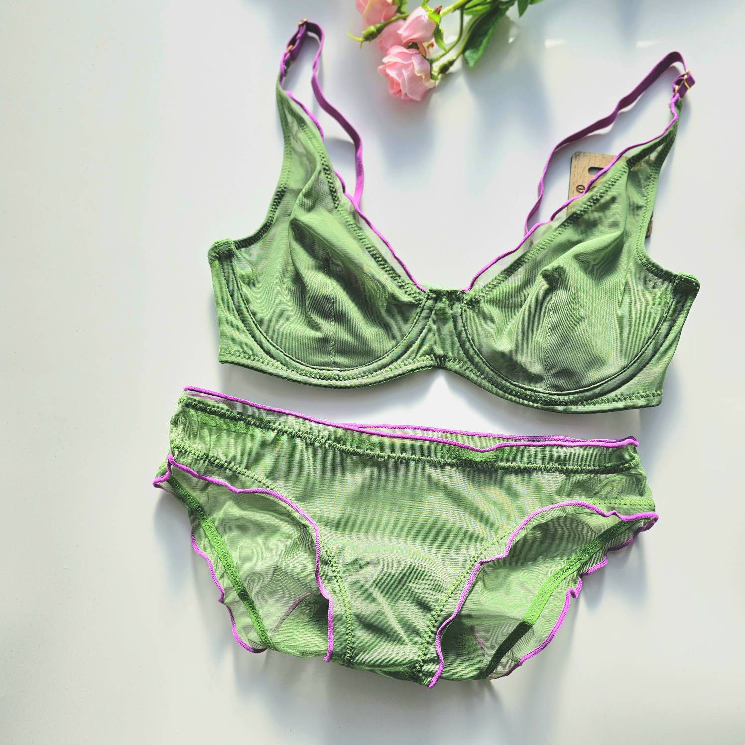 Комплект лиф и трусики S-M, зеленый с фуксия