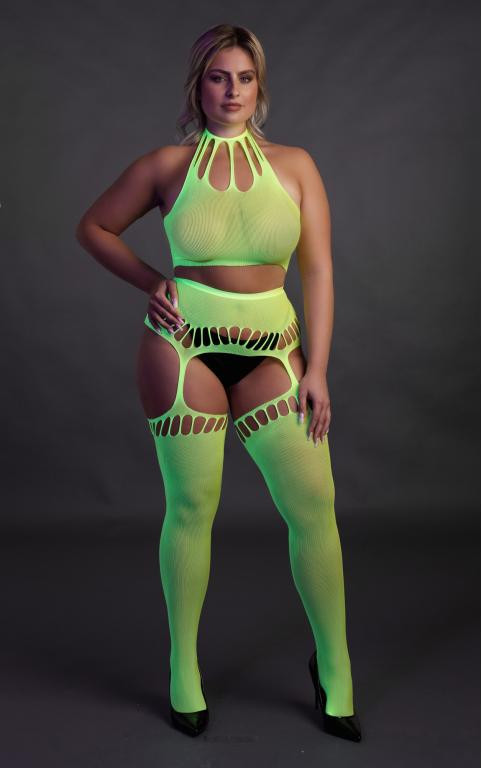 Комплект неон с чулками - Green - XL/XXXXL