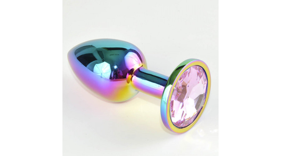 Анальная пробка радужная с розовым кристаллом Ø 28 мм